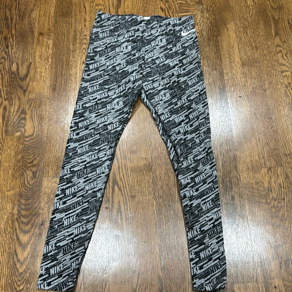 Nike Gray & Black Logo Print Cotton Leggings